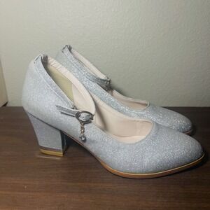 Silver Glitter Block Heel Pumps Ankle Strap With Charm Glam Size EU 39/ US 8.5